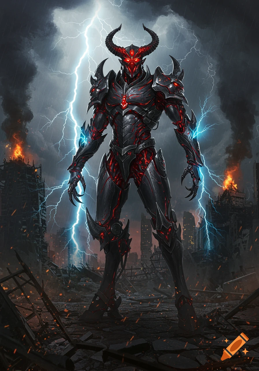 A menacing horned demon robot in black and red armor stands in a ruined city under a stormy sky with lightning.