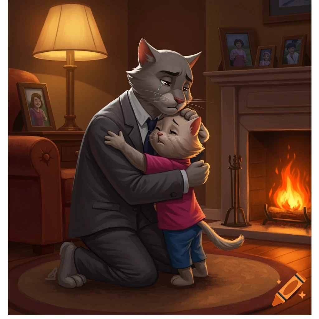 A gray anthropomorphic father cat in a suit kneels, crying, hugging his sad young white kitten son in a living room by a fireplace, in a Disney 2D style.