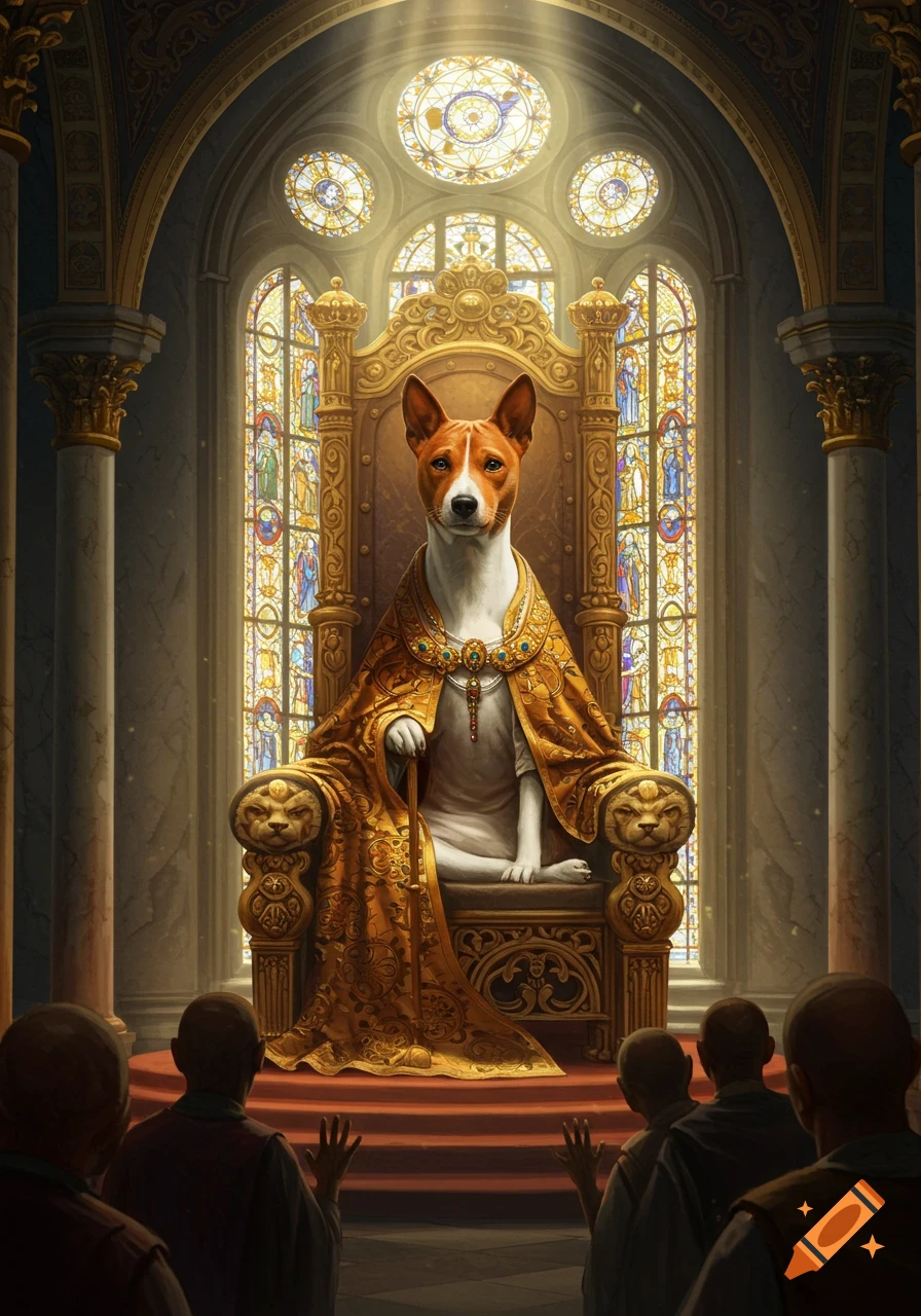 A Basenji dog in a golden religious robe sits on an ornate throne in a grand cathedral, while humans bow before it.