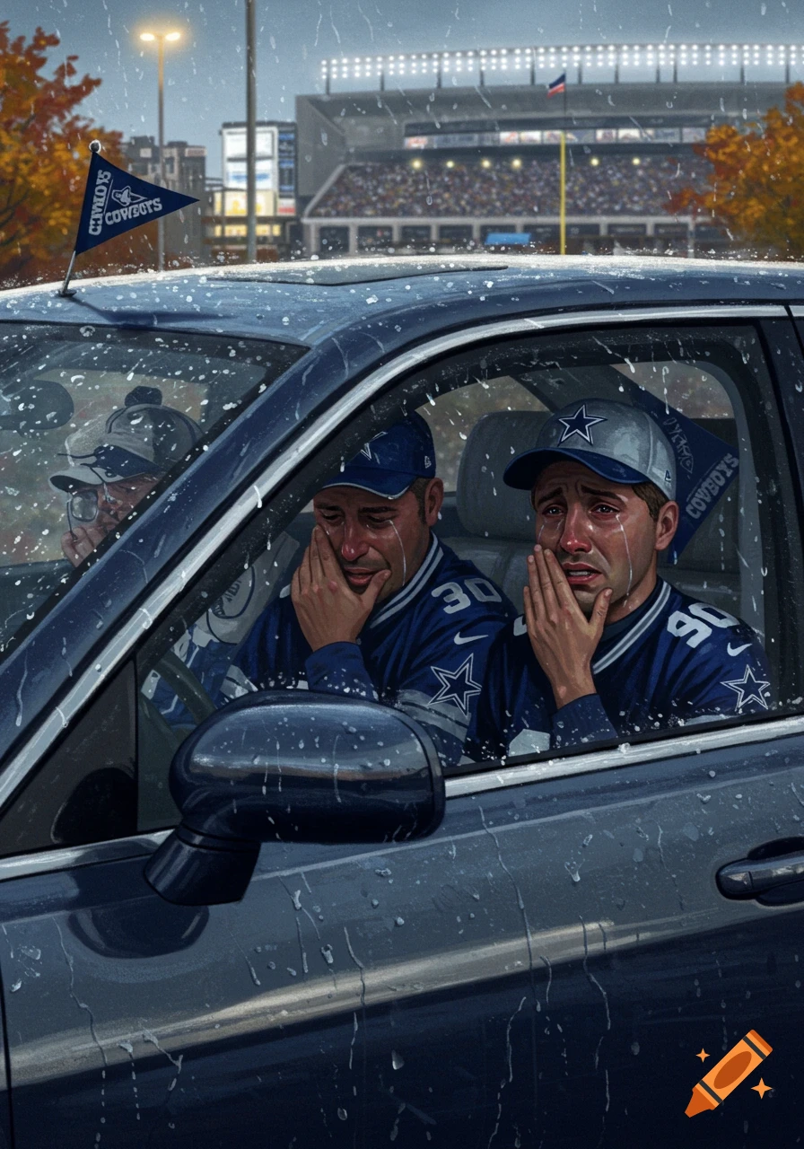 Two Dallas Cowboys fans in blue jerseys and hats cry in their car in the rain after a game, with a stadium visible in the background. Digital art style.