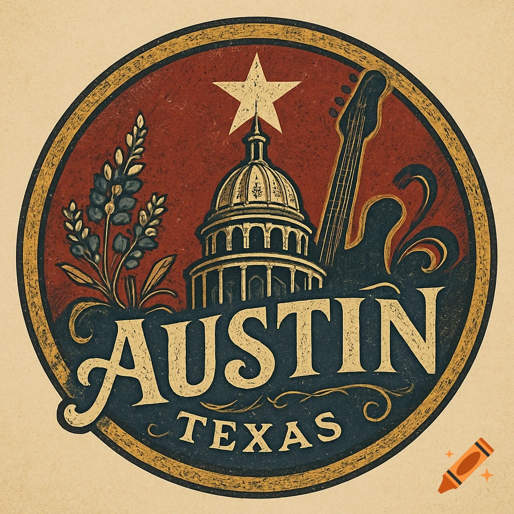 A vintage Austin, Texas badge with a capitol dome, guitar, star, and bluebonnets on a red background.