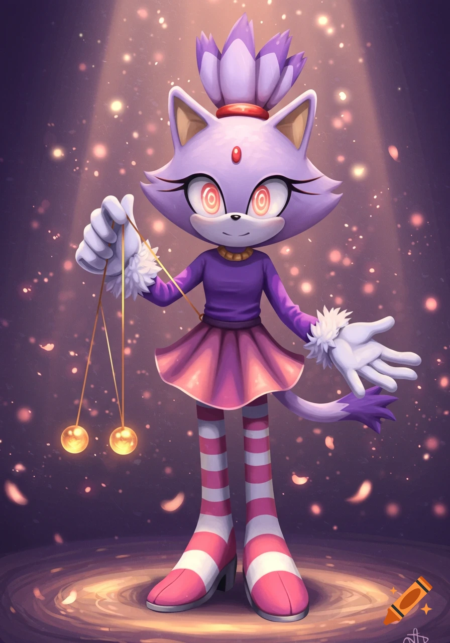 Blaze the Cat with glowing spiral eyes, holding a pendulum, stands against a magical shimmering background.
