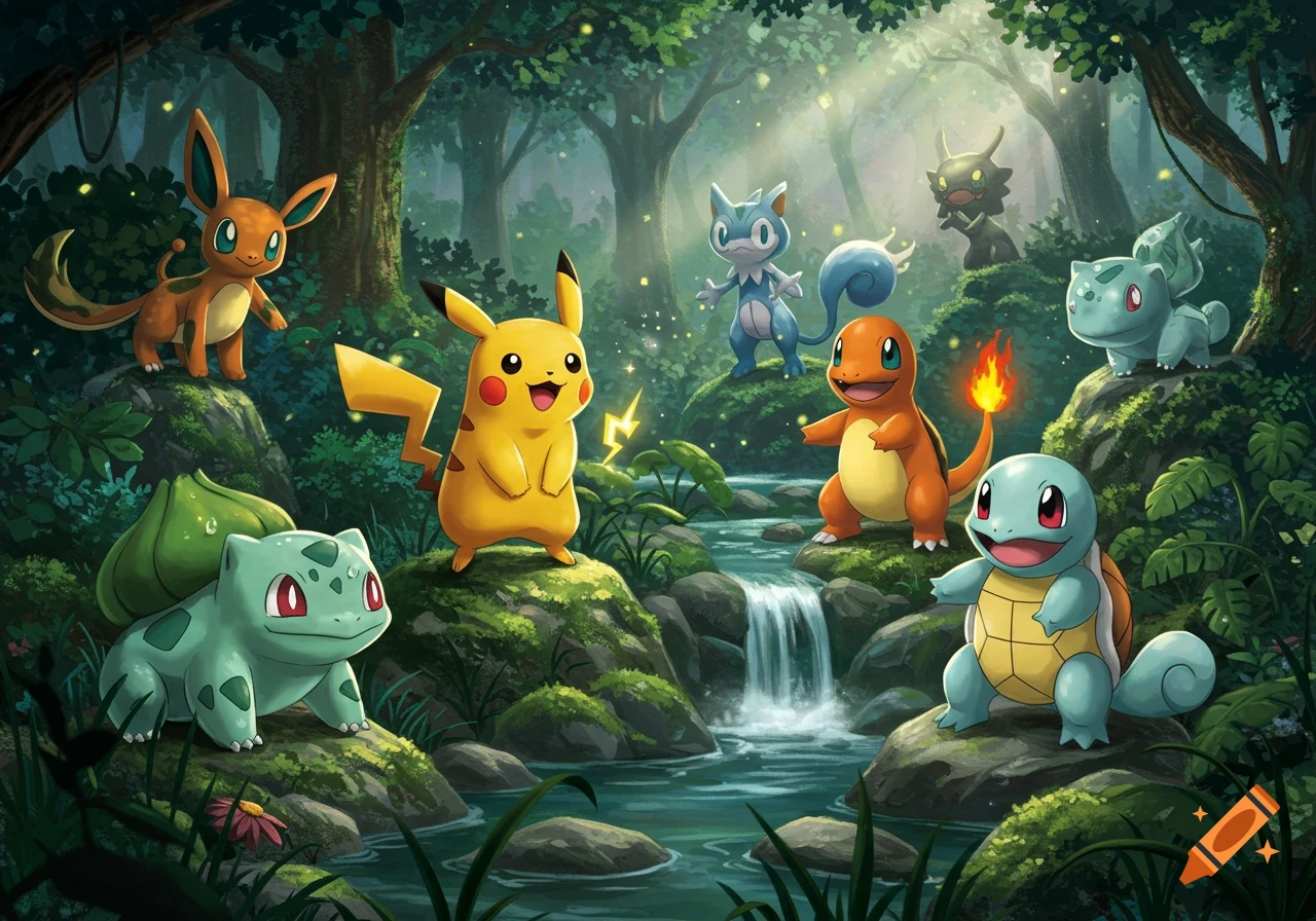 Pikachu, Eevee, Bulbasaur, Charmander, Squirtle, and other Pokemon are in a lush, magical forest with a stream and waterfall.