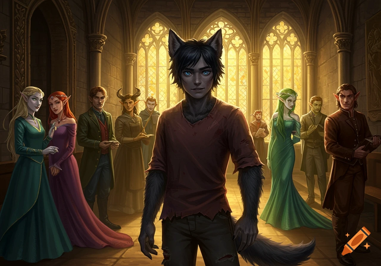 Digital illustration of a teenage werewolf in tattered clothes, standing in a grand gothic hall surrounded by elves and other fantasy creatures.
