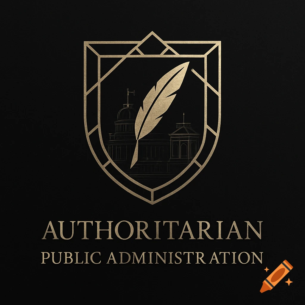 A gold-outlined shield logo on a black background, featuring a golden quill, a domed building, and the text 'AUTHORITARIAN PUBLIC ADMINISTRATION'.