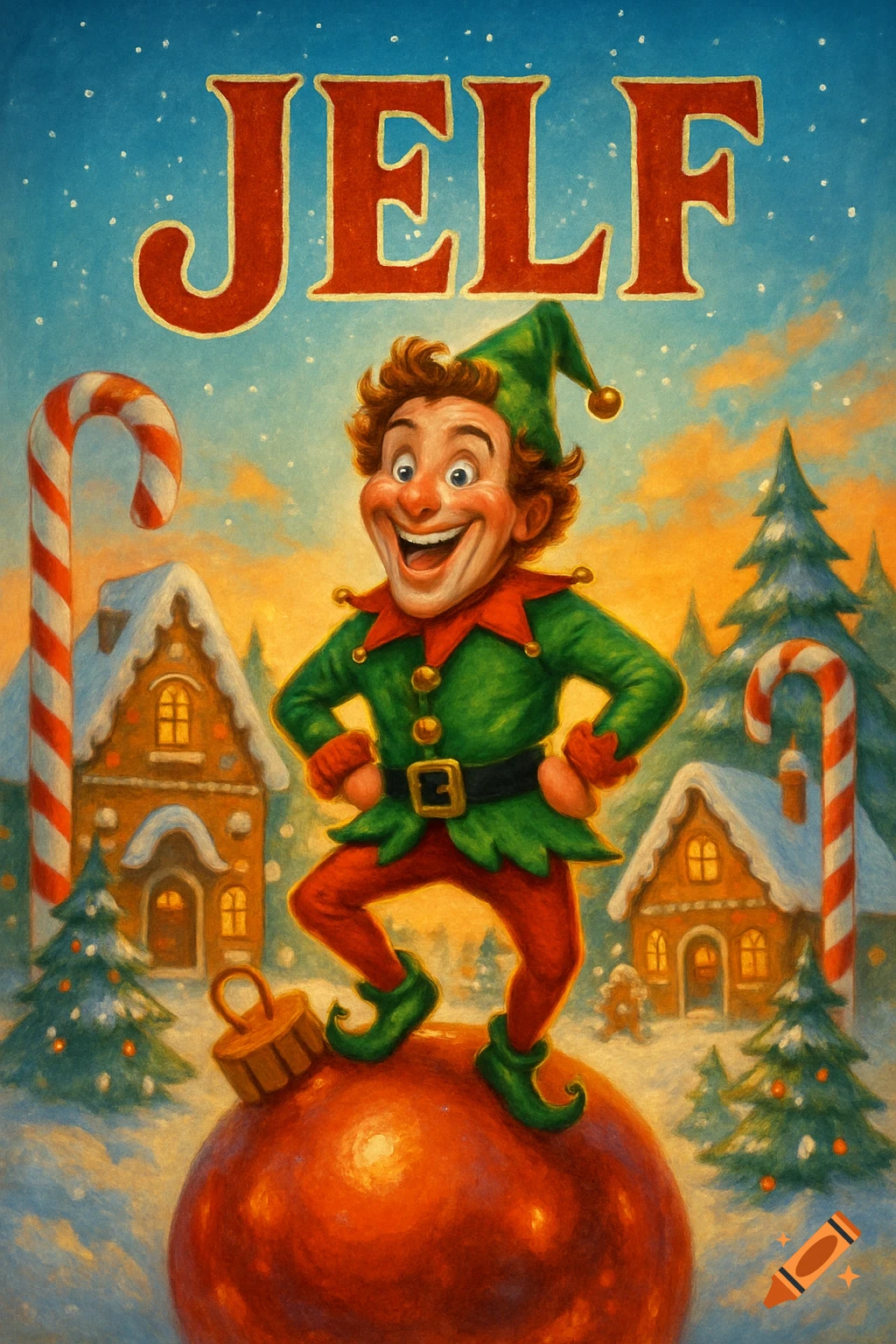 A grinning cartoon elf in a green suit dances on a red ornament in a snowy Christmas village with 'JELF' text above.