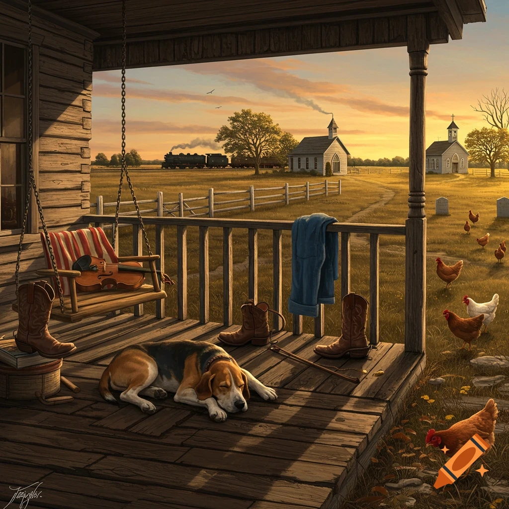 A sleeping hound dog on a farmhouse porch with boots, violin, and jeans. Rural scene with chickens, churches, and a train at sunset.