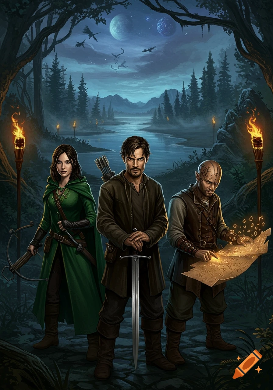 Three fantasy adventurers, a woman with a crossbow, a man with a sword, and another man reading a magical map, stand in a moonlit forest by a river. Digital art.
