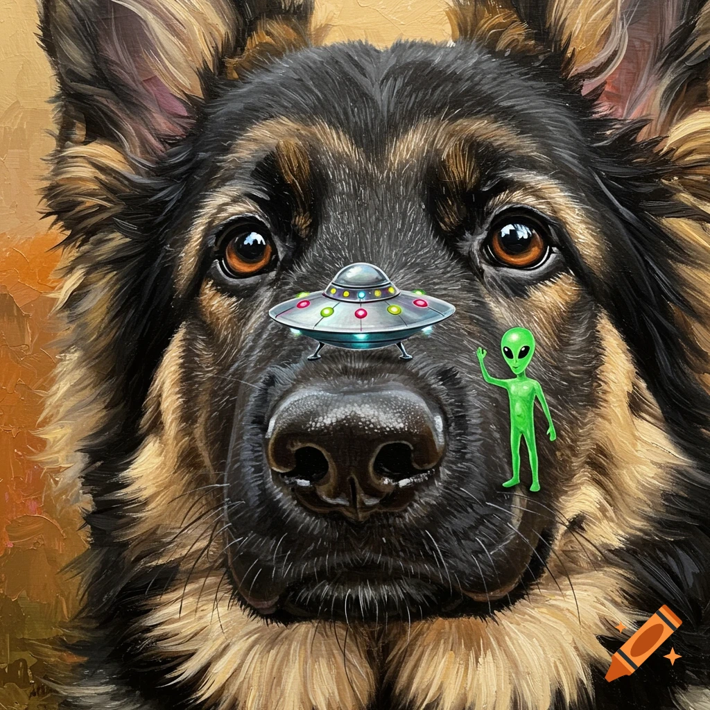 Close-up oil painting of a German Shepherd's nose with a small UFO hovering above it and a tiny green alien waving next to it.