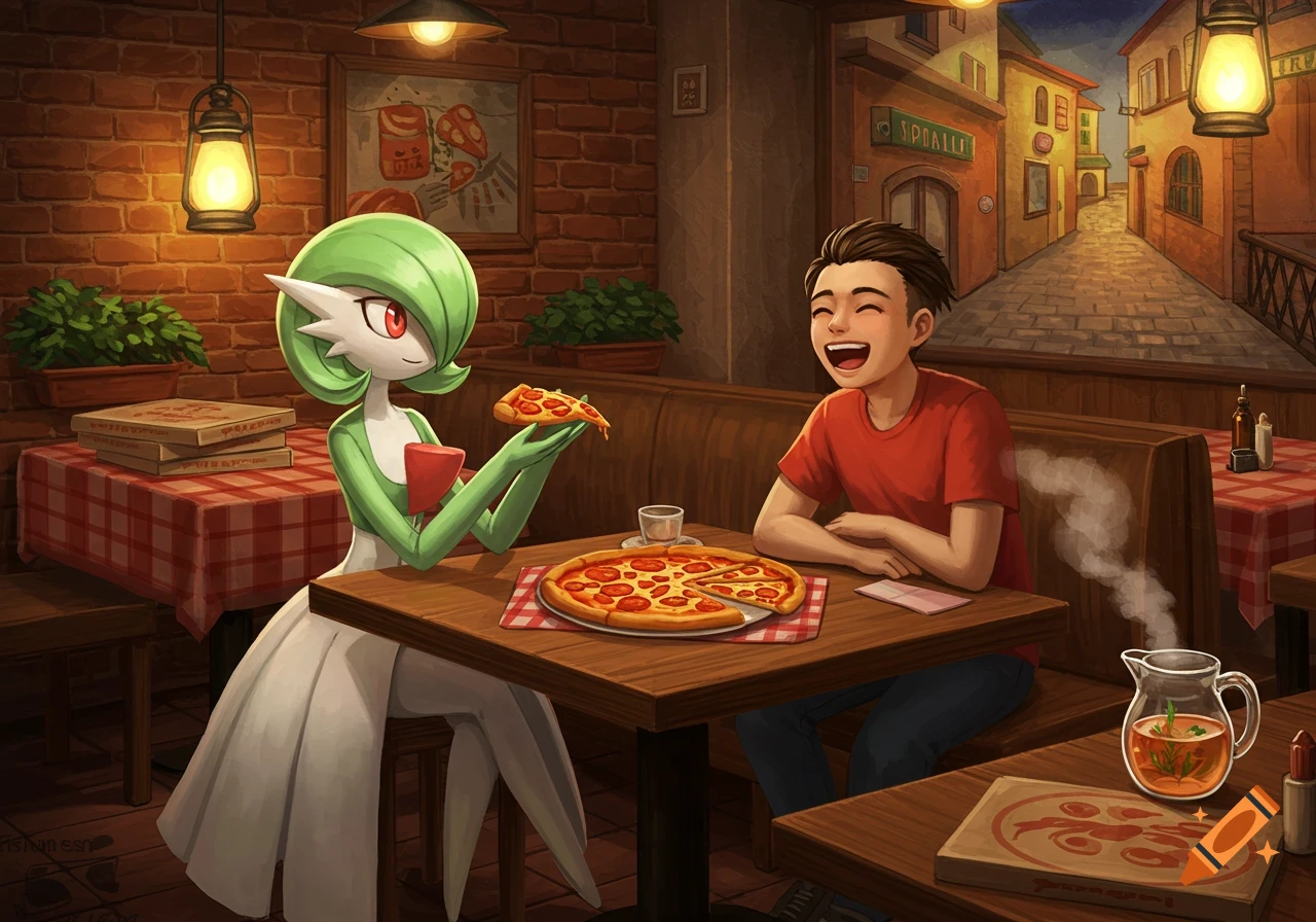 Gardevoir and a human man happily eating pizza together at a table in a cozy, warmly lit restaurant. Anime style.