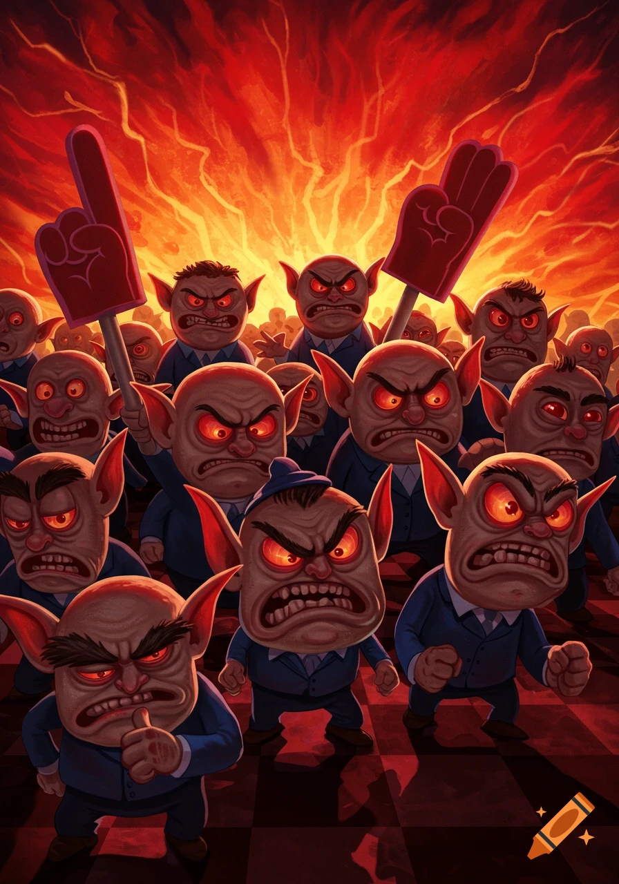 A crowd of angry, red-eyed goblin-like creatures wearing suits, some holding foam fingers, against a fiery red background in a cartoon style.