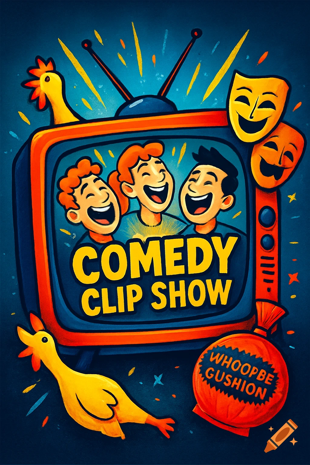 A vibrant cartoon illustration of a retro TV showing three laughing people. Comedy masks, rubber chickens, and a whoopee cushion surround it.