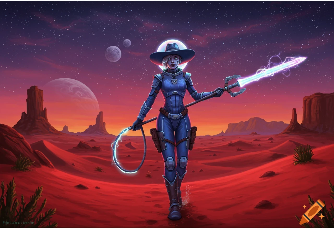 A space cowgirl in a blue suit and hat, holding glowing energy weapons, stands on a red alien desert with planets in the starry sky.