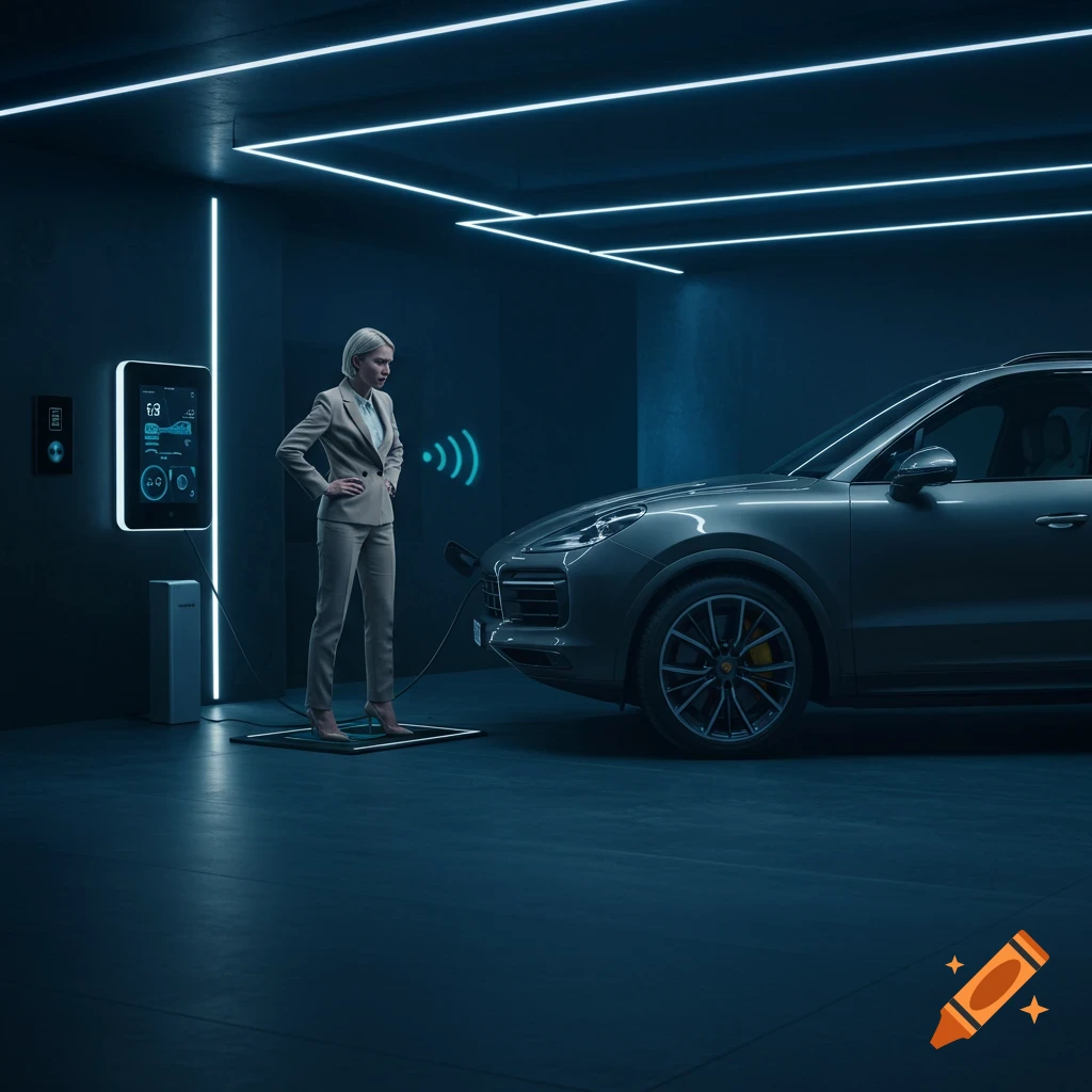 A woman in a business suit stands on a glowing platform next to an electric SUV charging in a futuristic garage with neon lights and a digital display.