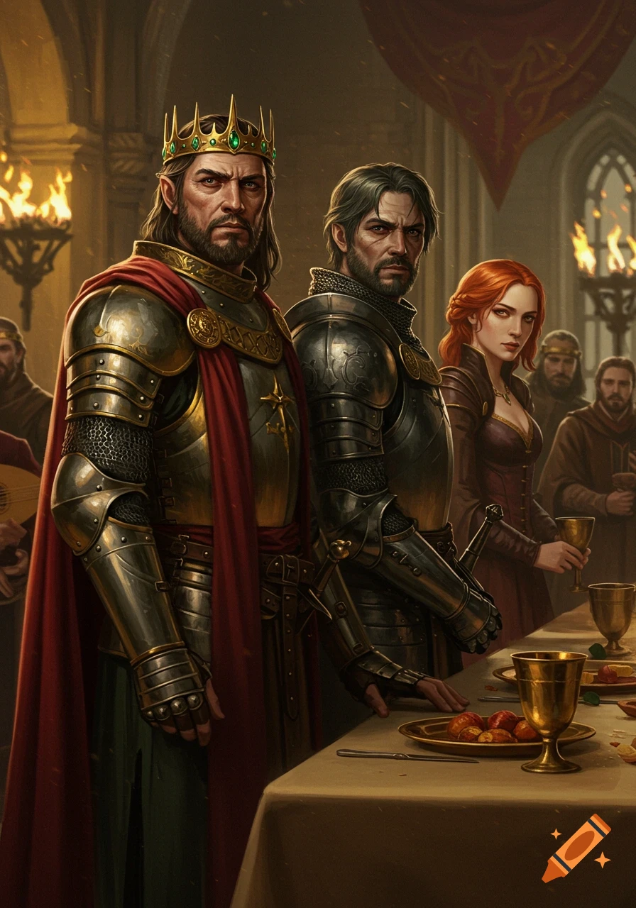 A king in gold armor and crown stands beside his general and a red-haired woman at a grand medieval feast table.