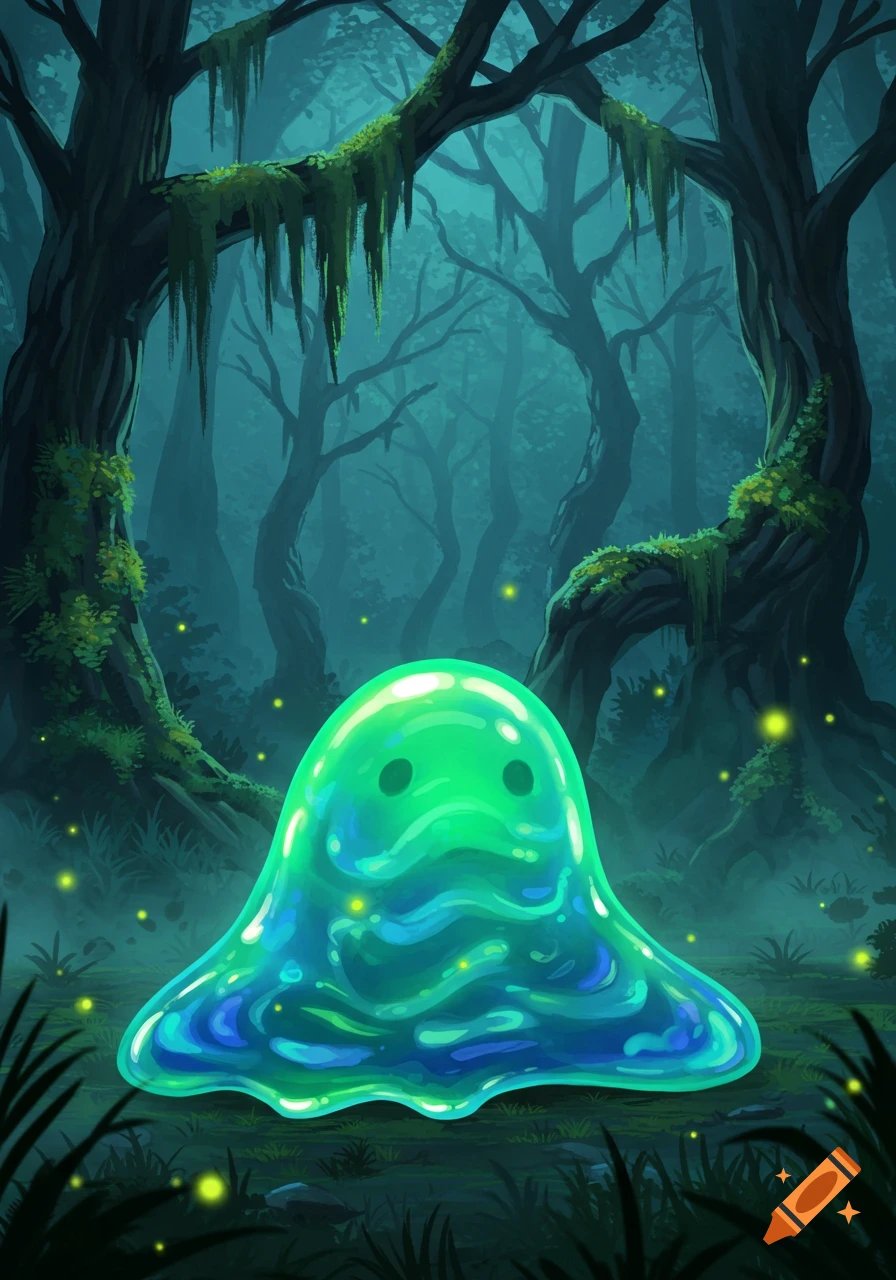 A glowing green and blue slime monster with two black eyes sits in a dark, mossy fantasy forest with fireflies.
