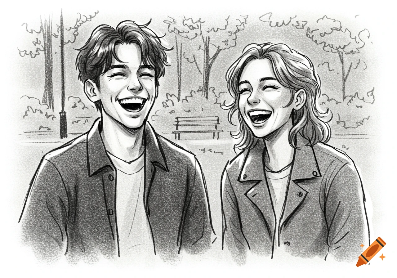 Black and white sketch drawing of a laughing man and woman in a park.