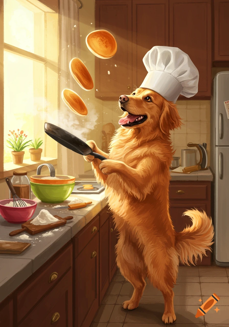 A happy golden retriever wearing a chef hat flips pancakes in a sunlit kitchen, surrounded by baking ingredients.