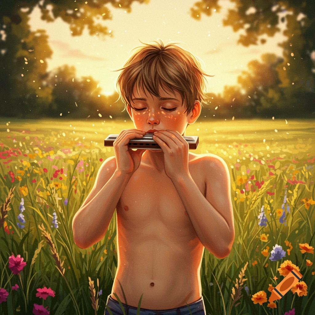 Artistic illustration of a young boy with closed eyes playing a harmonica in a sunny field of wildflowers at sunset.