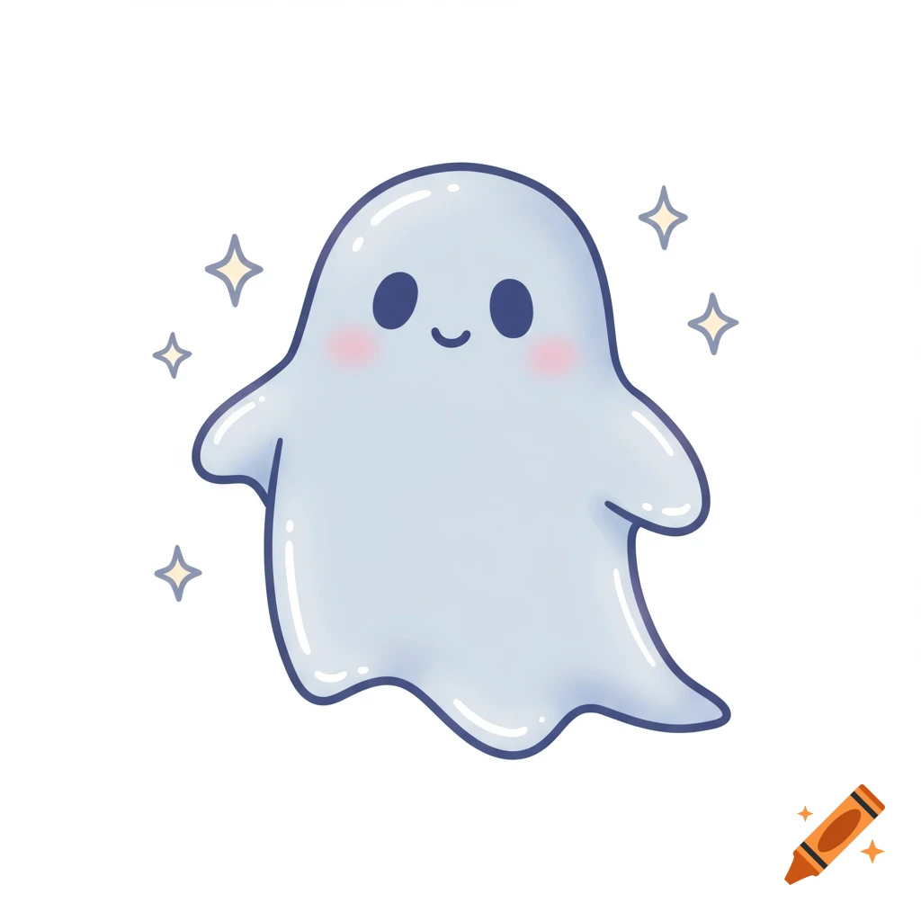 A cute, friendly cartoon ghost with pink cheeks, sparkling on a white background.