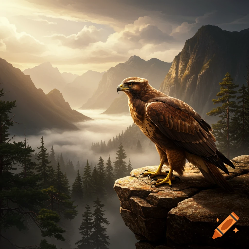 Photorealistic raptor perched on a cliff edge overlooking a misty mountain valley with pine trees.