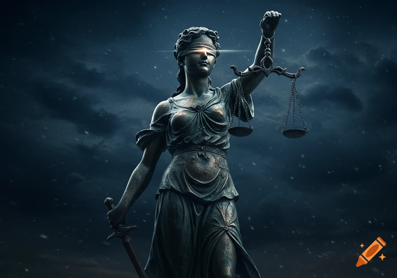A dramatic photorealistic image of the blindfolded Lady Justice statue, holding scales and a sword against a dark, stormy sky.