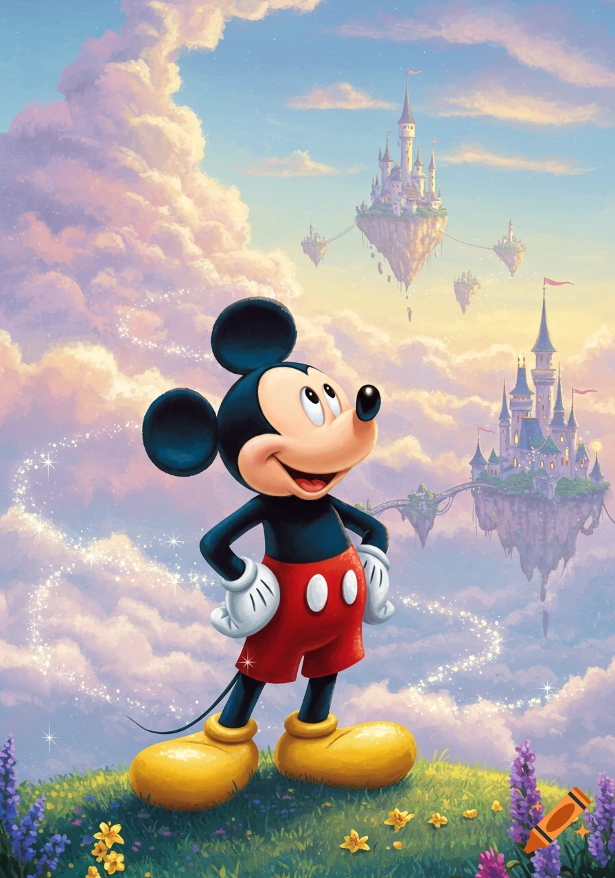 Mickey Mouse stands on a flowery hill, looking up at floating fantasy castles in a vibrant, magical sky.