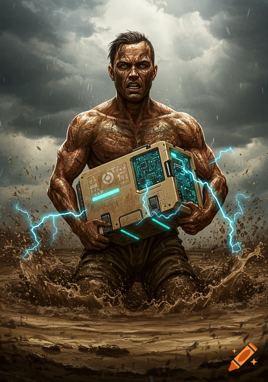 A muscular warrior with an intense expression emerges from a mud pit in a storm, holding a glowing sci-fi device.