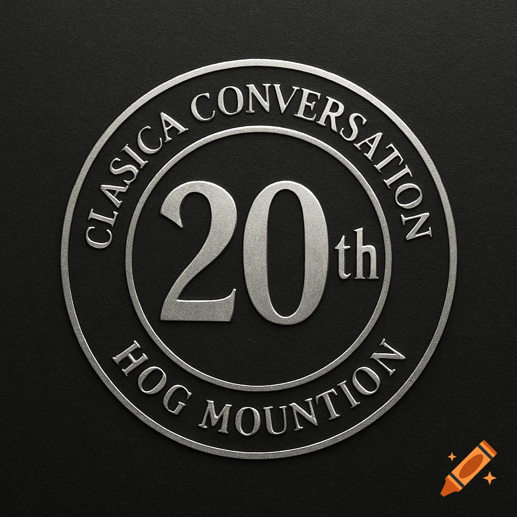 A silver circular emblem with the words "CLASICA CONVERSATION" on top, "HOG MOUNTION" on the bottom, and "20th" in the center, all embossed on a black background.
