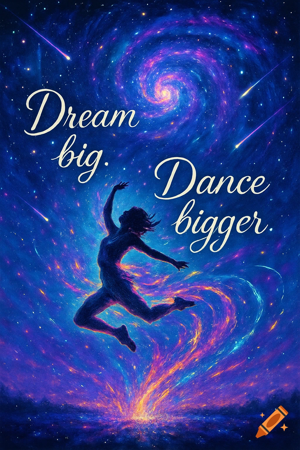 Silhouette of a person dancing in a vibrant blue and purple galaxy, with the motivational text 'Dream big. Dance bigger.'