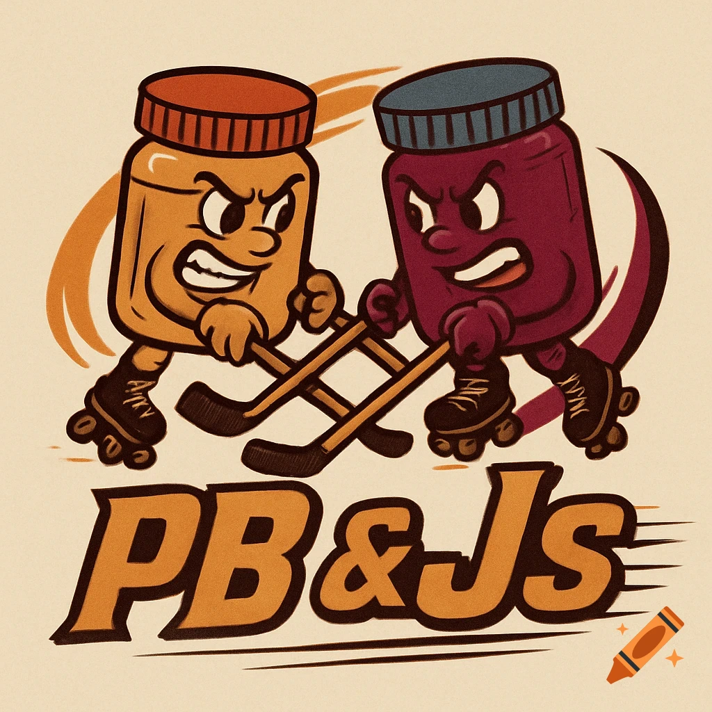 Cartoon logo of an angry peanut butter jar and jelly jar playing roller hockey, with 'PB&Js' text below.