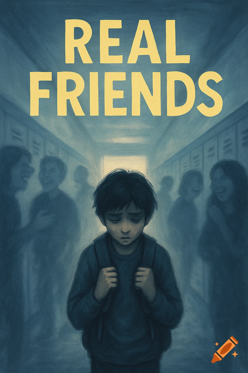 Illustration of a sad child in a school hallway with blurred laughing figures. Text reads 'REAL FRIENDS'.