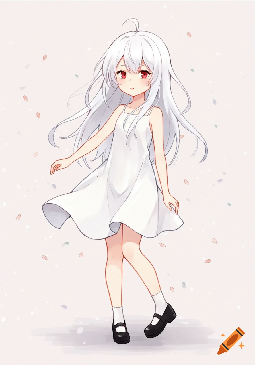 Anime girl with long white hair, red eyes, in a white sundress and black Mary Janes, on a light background with petals.