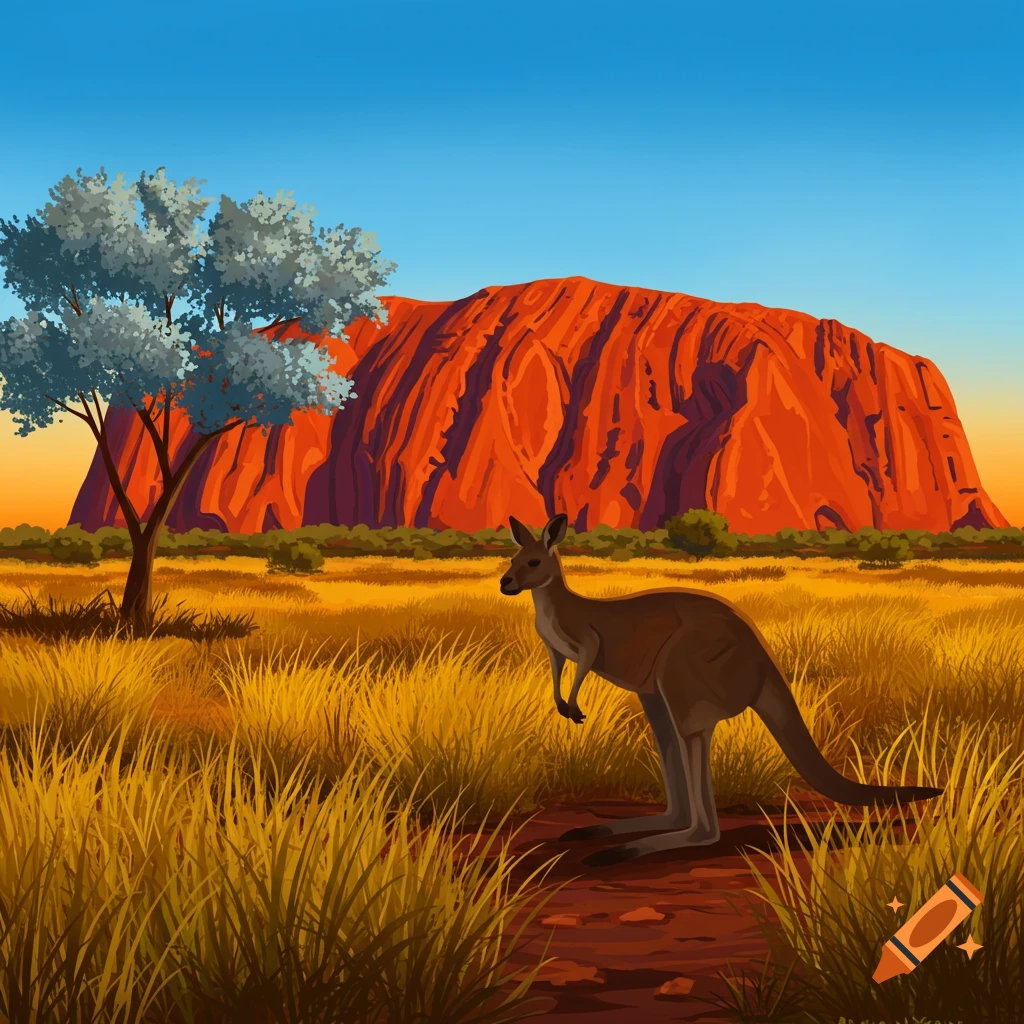 An illustration of a kangaroo standing on a path in the Australian outback with Uluru (Ayers Rock) in the background at sunset.