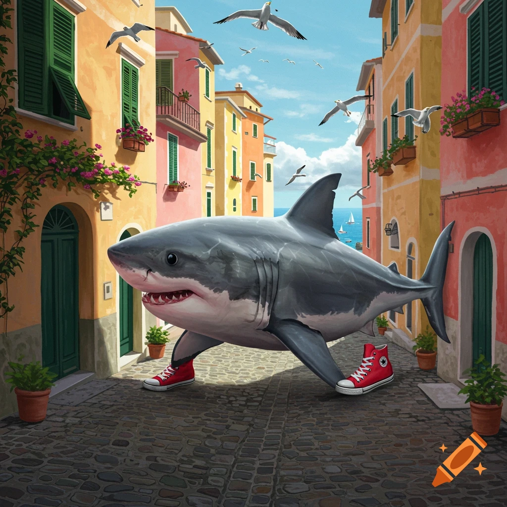 A large shark walks on land wearing red sneakers on a cobblestone street in a colorful coastal town with the sea in the background and seagulls flying.
