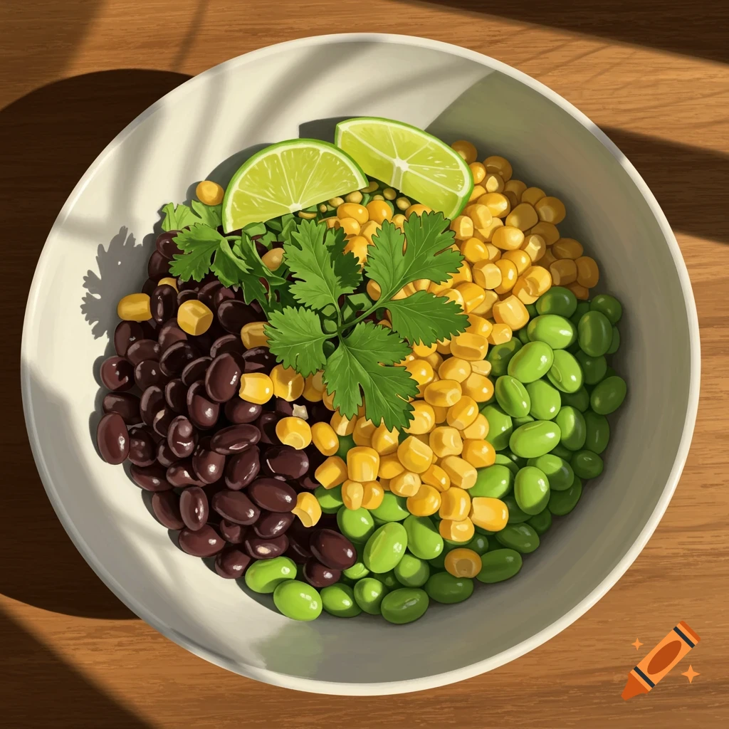 Illustrative top-down view of a salad bowl filled with black beans, corn, edamame, cilantro, and lime slices.