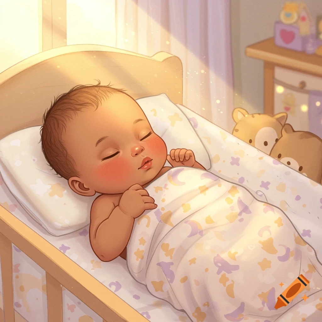 A cute cartoon baby with light brown skin sleeps peacefully in a crib, bathed in warm sunlight, covered by a moon and star blanket.