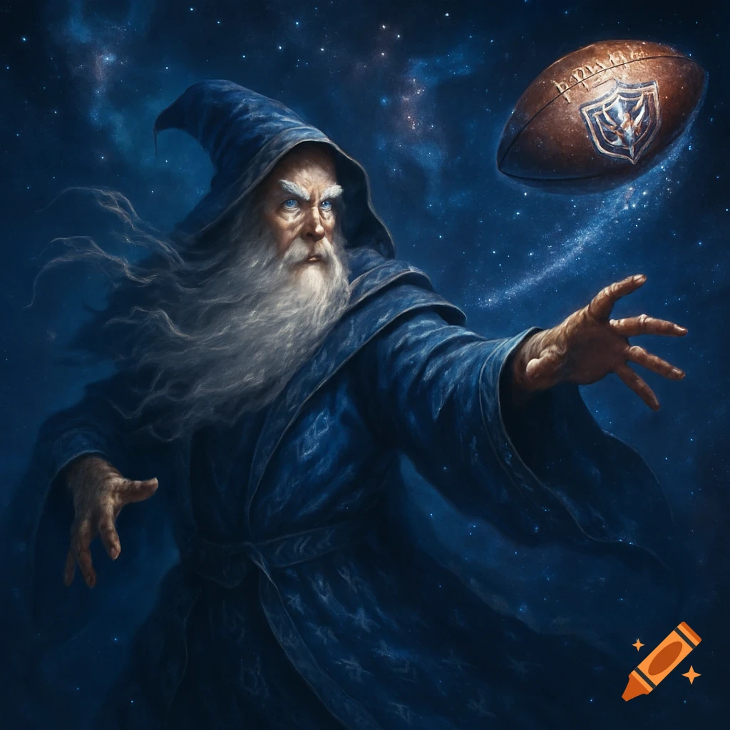 A powerful wizard in a blue robe throws an American football across a starry night sky, digital art.