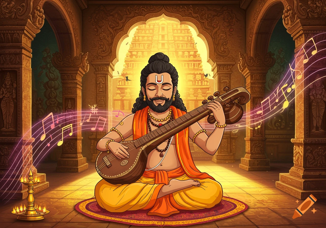 Cartoon of a bearded man, Thyagaraja, playing a veena in a serene, ornate temple setting with musical notes floating around.