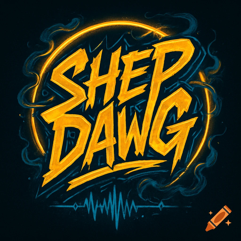 Stylized 'Shep Dawg' logo in bold yellow font with orange glow, surrounded by blue smoky and sound wave graphics on a dark background.