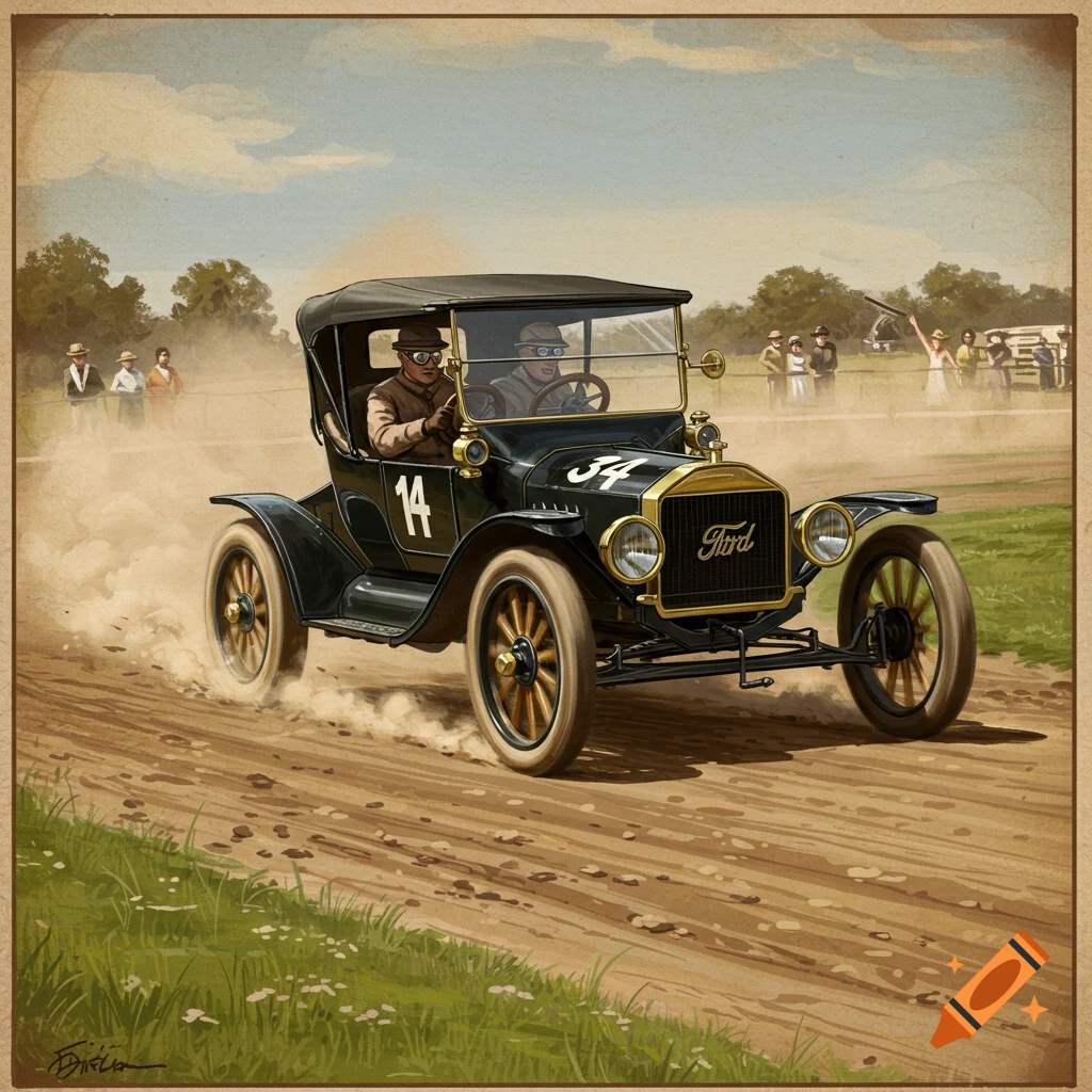 A vintage black Ford Model T racecar with numbers 14 and 34 races on a dirt track, kicking up dust, in a painting style.
