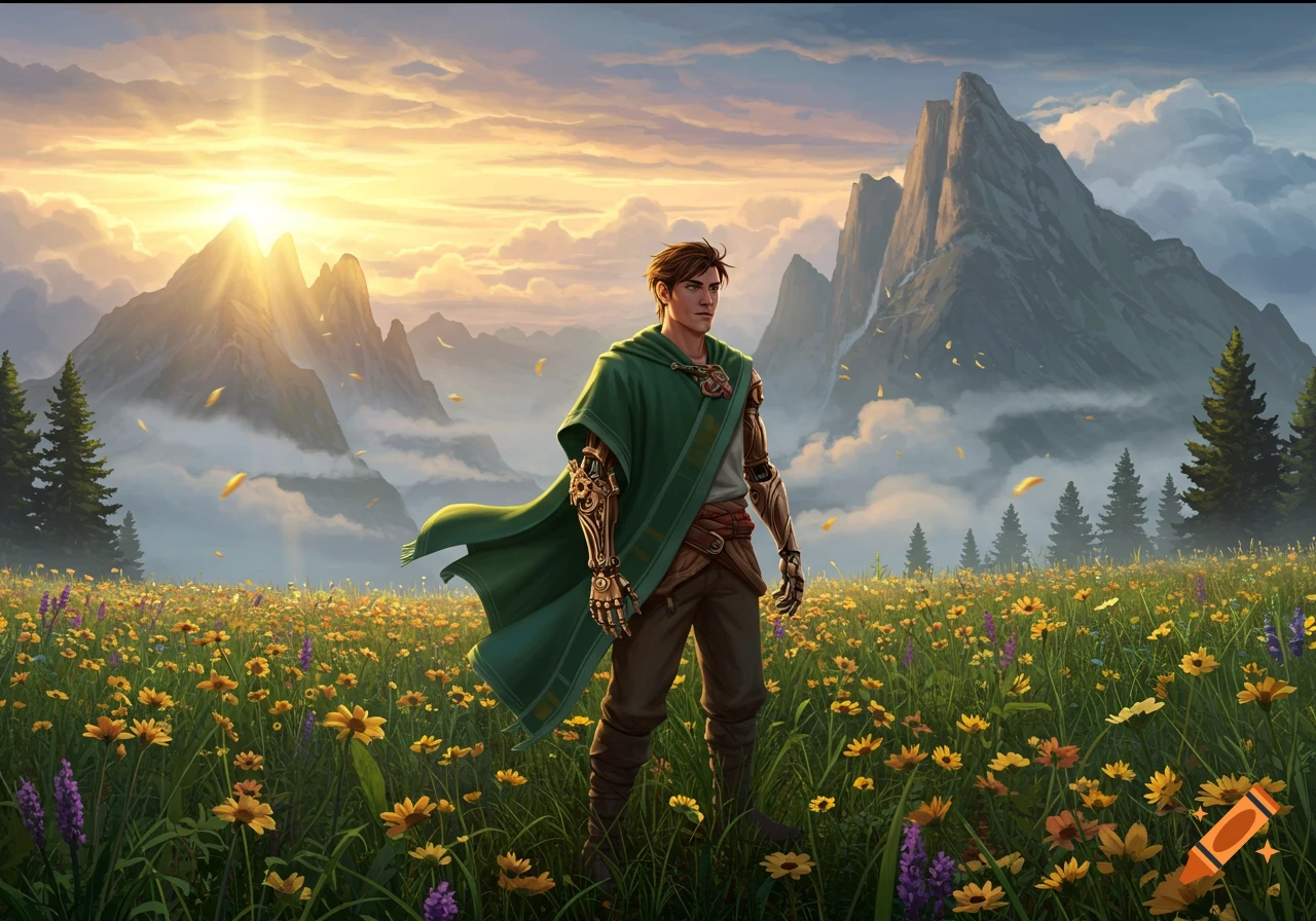 A young man with a mechanical arm and green cape stands in a field of wildflowers with mountains and a sunrise in the background.