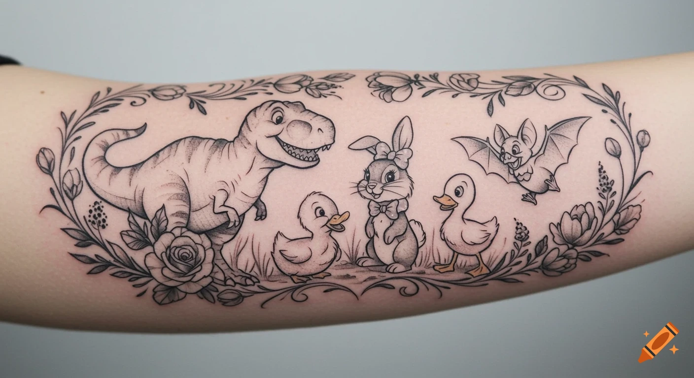 Black and grey cartoon tattoo on an arm featuring a T-Rex, bunny, two ducklings, and a bat, framed by flowers.