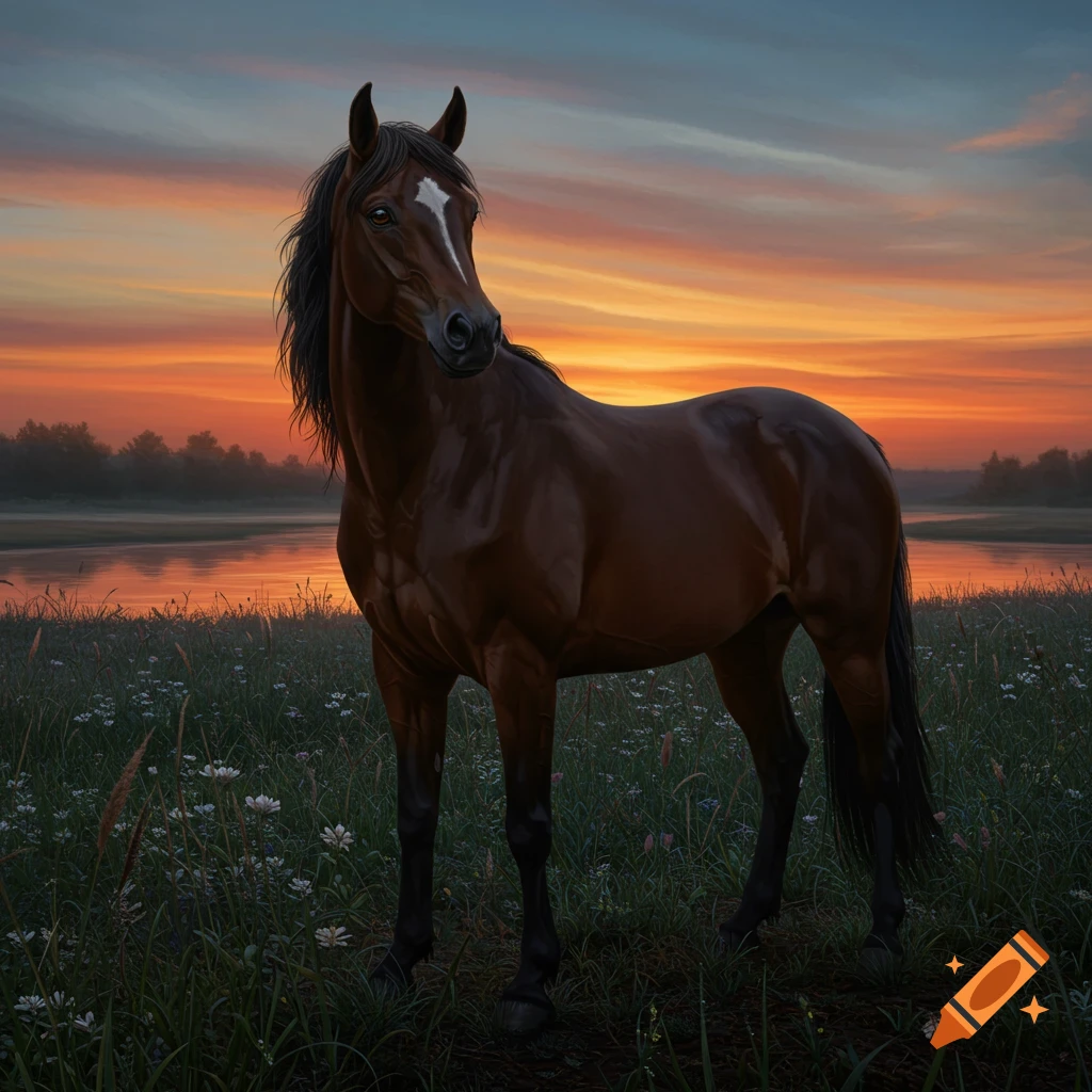 A brown horse with a white blaze stands in a grassy field with wildflowers at sunset, a lake and trees in the background.