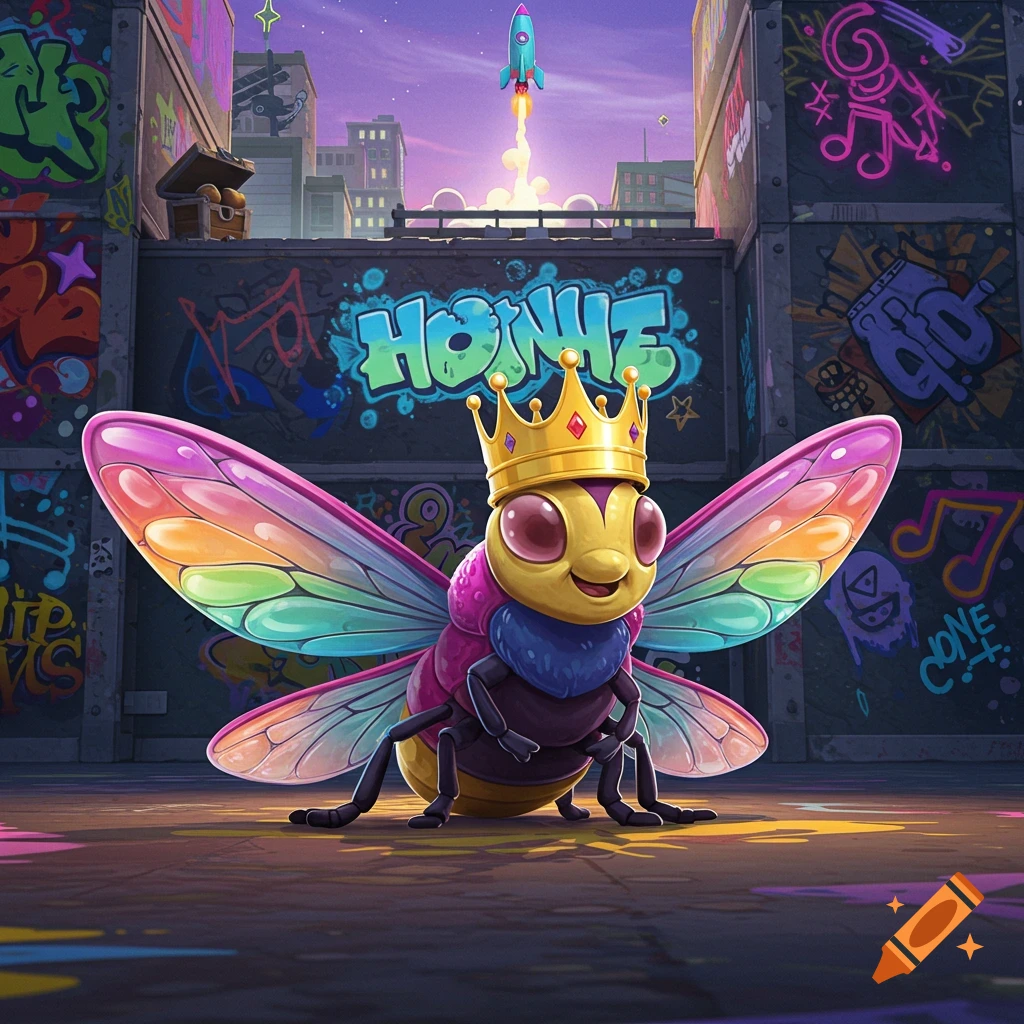 A colorful, happy cartoon bug wearing a golden crown sits on a graffiti-covered urban street with a rocket launching in the background.