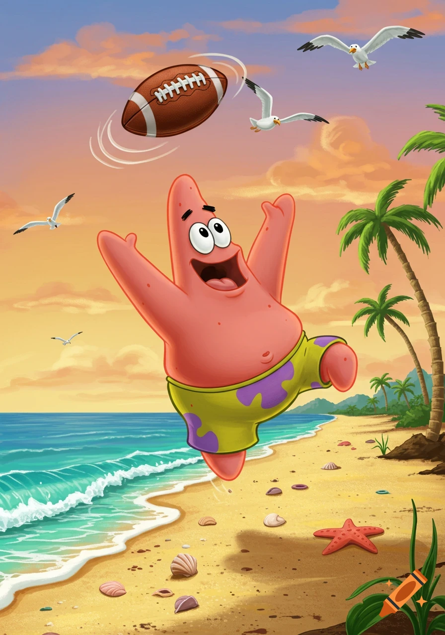Patrick Star jumps joyfully on a sunny beach to catch an American football, with palm trees and seagulls in the background.