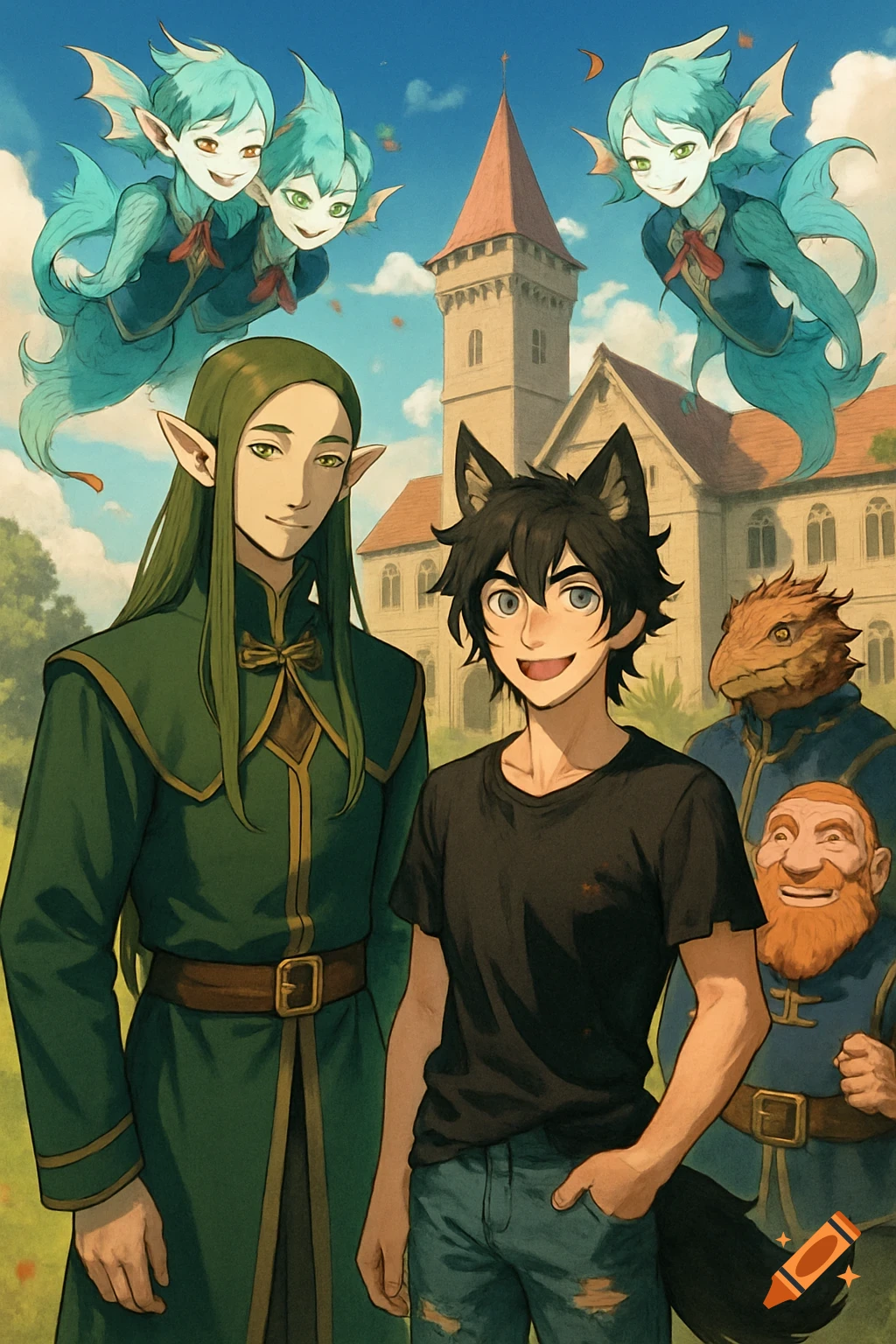 An anime poster of a diverse group of fantasy characters, including an elf, a wolf-eared boy, a lizardfolk, a dwarf, and flying sirens, outside a medieval school.