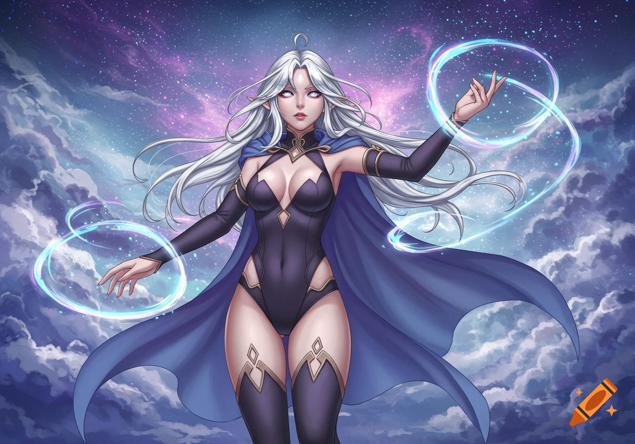 Anime female esper with white hair, pale skin, and blue cape, conjuring glowing magic against a cosmic star and cloud background.