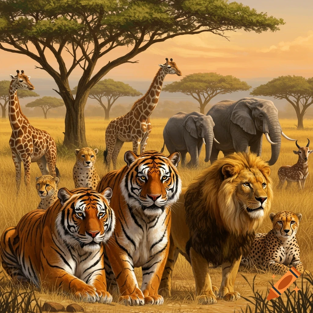 A diverse group of wild animals including lions, tigers, giraffes, elephants, cheetahs, and an antelope in a golden savanna at sunset.