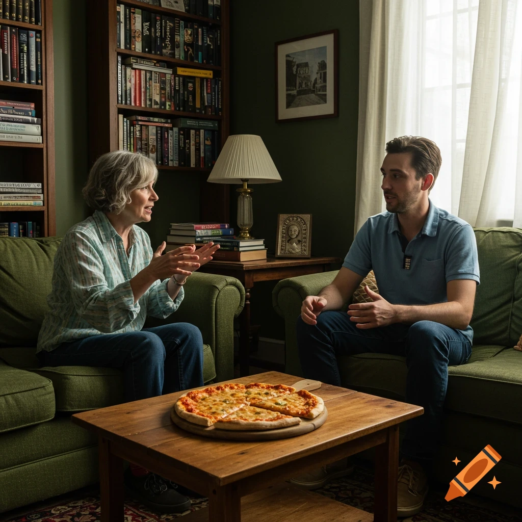 An older woman gestures while talking to a man in a cozy living room with bookshelves and a pizza on the coffee table.